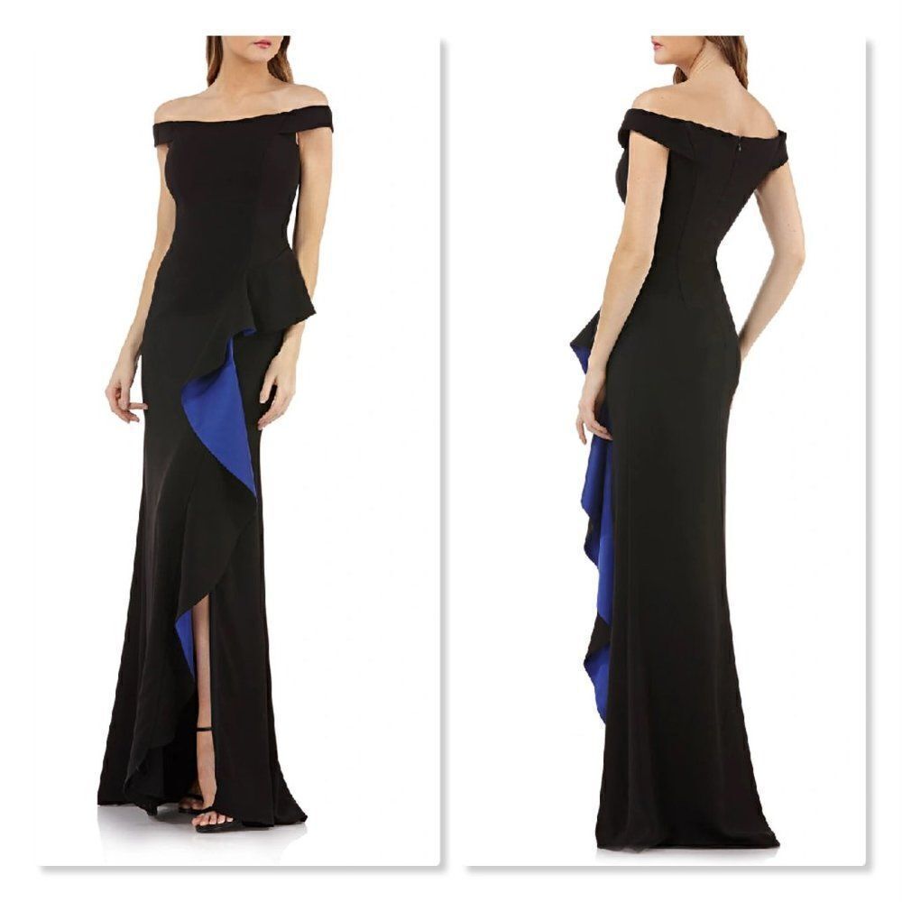 ✨ CARMEN MARC VALVO ✨ Ruffle Off the Shoulder Gown - [Size 8, Black/Blue]